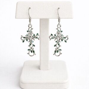Silver Tone Cross Dangle Earrings Green Crystal Filigree